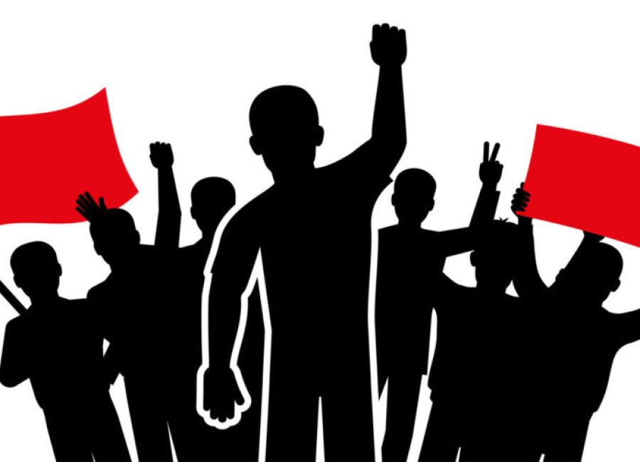 Protest action emblem with crowd demanding men and flag placard inscription on white background isolated vector illustration